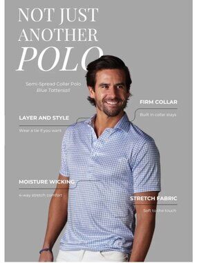 Collars & Co Mens Semi-Spread Collar Polo Blue Tattersall Moisture-Wicking Stret